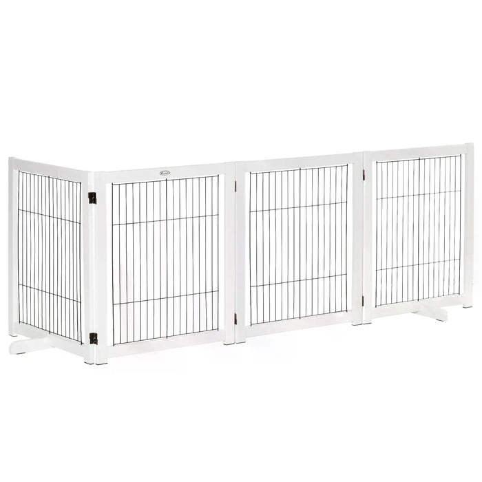 Foldable Wooden Dog Gate for Small & Medium Pets - 4 Panel Pet Fence with Support Feet - Safety Barrier for Home, Doorways & Stairs, White