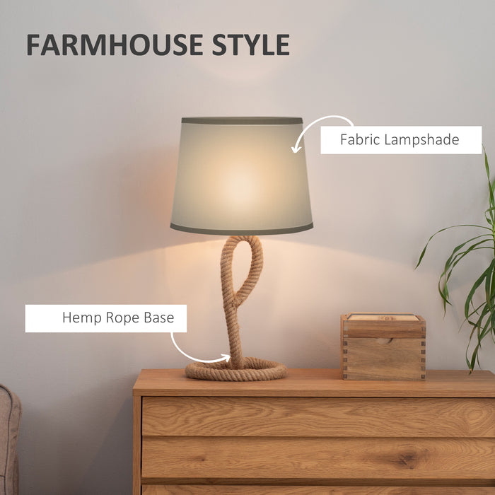Farmhouse-Inspired Rope Base Table Lamp - E27 LED/Halogen Compatible, Fabric Shade - Ideal for Bedroom, Living Room, or Study Desk Lighting