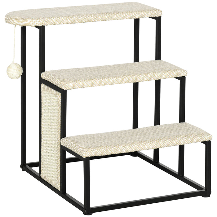 3-Step Cat Stairs with Sisal Scratching Pad and Play Ball - Sturdy Steel Frame Pet Steps, Ideal for Couch Access - 47x45x47cm in Cream White for Cats and Small Dogs