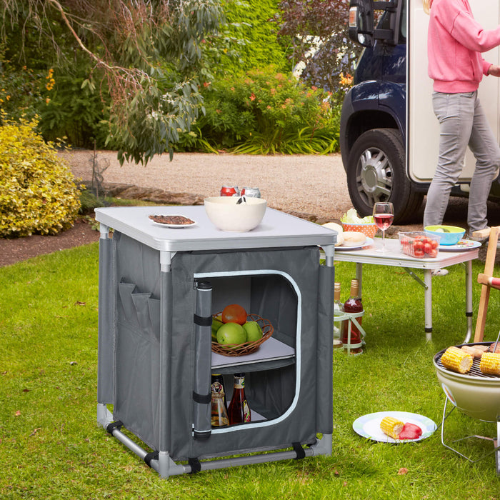 Portable Aluminum Camping Kitchen Station with 2 Shelves - Compact Storage Organizer for Outdoor Cooking and BBQ Parties - Ideal for Picnics and Backyard Gatherings with Convenient Carrying Bag