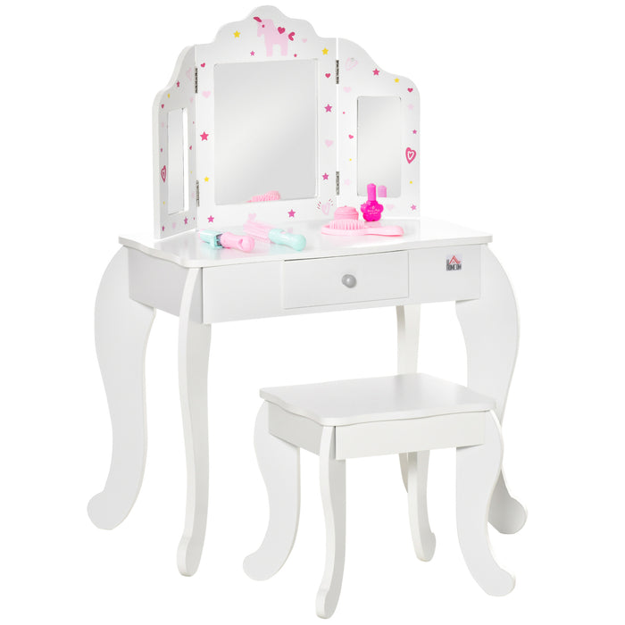 Kids Vanity Table & Stool Set - Girls Rotatable Mirror Dressing Desk with Drawers & Star-Heart Design - Playtime Makeup Station for Children