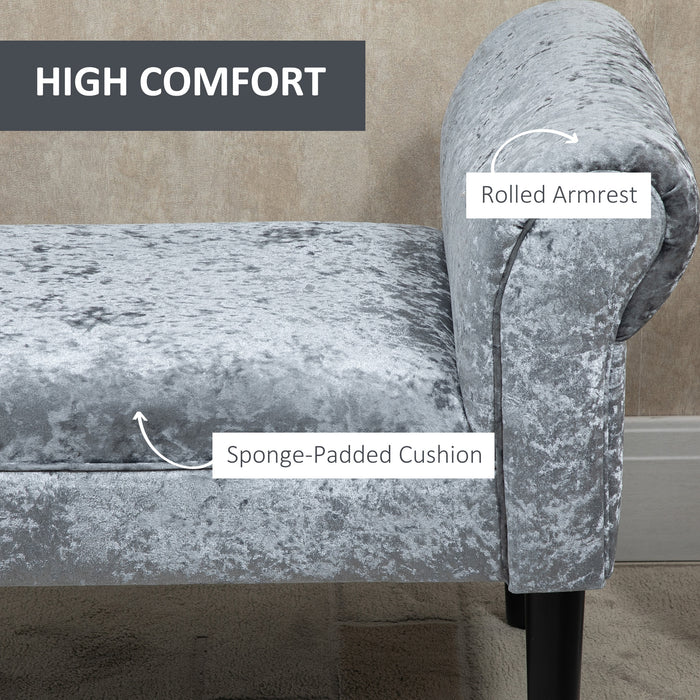 Velvet Fabric Bed End Bench with Sponge Cushion - Ice Crush Upholstery and Silver-Grey Tone, Armrests Included - Elegant Bedroom Accent Furniture