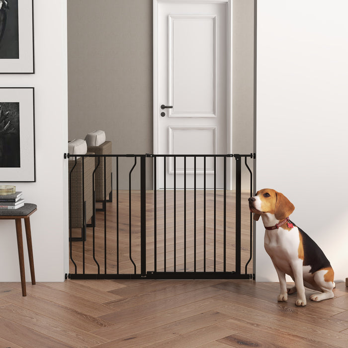 Expandable Pet Gate with Walk-Through Door - Adjustable 75-115cm Dog Barrier for Hallways and Staircases, Black - Ideal for Keeping Pets Safe at Home
