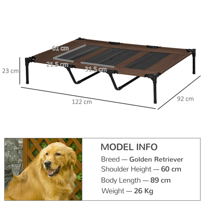 Portable Raised Pet Cot with Breathable Mesh - Cooling Elevated Dog Bed with Non-Slip Rubber Feet - Suitable for Indoor & Outdoor Use in Brown