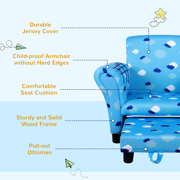 Kids' Mini Couch with Footrest - Sturdy Wooden Frame & Anti-Slip Legs, High Back, Armrests - Adorable Cloud and Star Design for Bedroom or Playroom