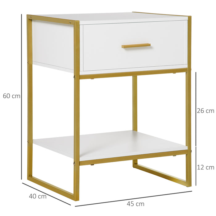 White and Gold Bedside Table with Storage Shelf Modern Bedroom