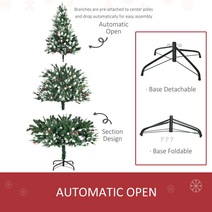 Snow-Flocked Pine Christmas Tree, 6ft with Red Berries - Easy Setup Artificial Holiday Decoration - Perfect for Festive Home Decor