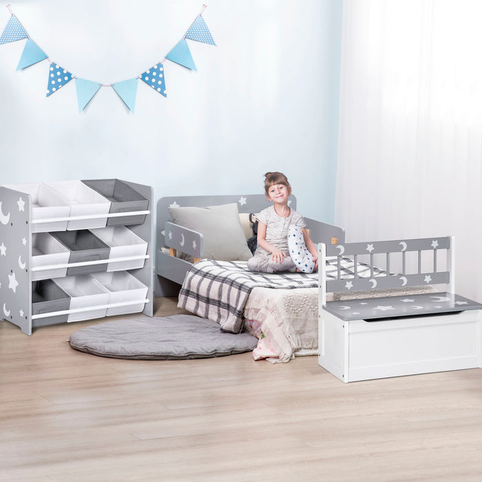Kids Bedroom Furniture Set - Bed, Toy Box Bench & Basket Storage Unit with Star and Moon Patterns - Perfect for Boys & Girls Aged 3-6 Years, Grey