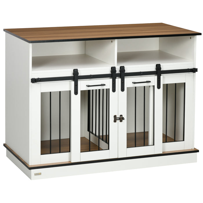 Multi-Functional Dog Crate End Table - Spacious Pet Cage with Adjustable Divider, Storage Shelves & Sliding Doors - Ideal for Small to Large Breeds, Home Decor Integration, White, 120x60x88.5 cm