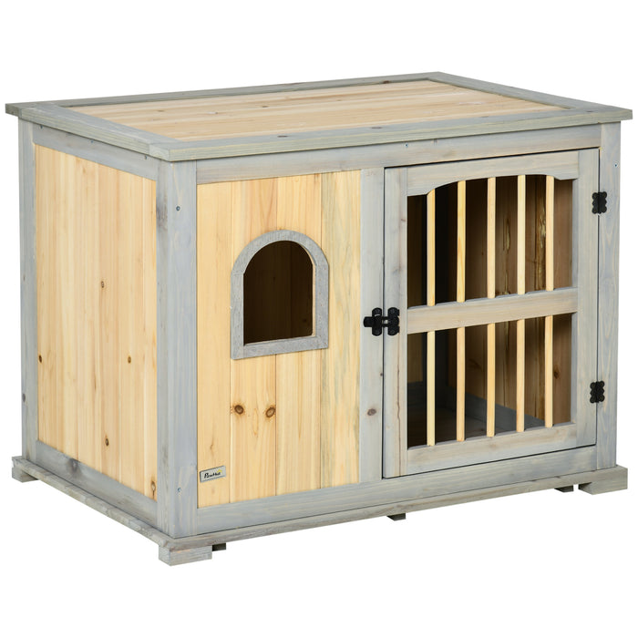 Wooden Dog Crate End Table - Lockable Door, Windowed Pet Sanctuary for Small/Medium Dogs, Dual-Tone Grey & Yellow - Stylish Pet-Friendly Furniture & Home Solution