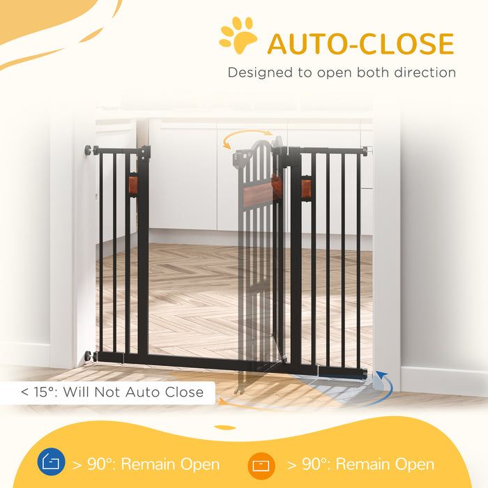 Auto Close Dog Gate with Cat Flap - Pine Wood Pet Safety Barrier with Double Locking System - Ideal for Doorways, Stairs & Indoor Areas, Adjustable Width 74-105cm, Elegant Black Finish