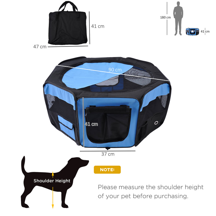 Fabric Pet Playpen with 8-Panel Mesh Construction - Foldable and Portable Enclosure for Puppy, Rabbit, Guinea Pig, Cat - Ideal for Outdoor Play and Exercise, 90 cm Diameter x 41 cm Height, in Blue