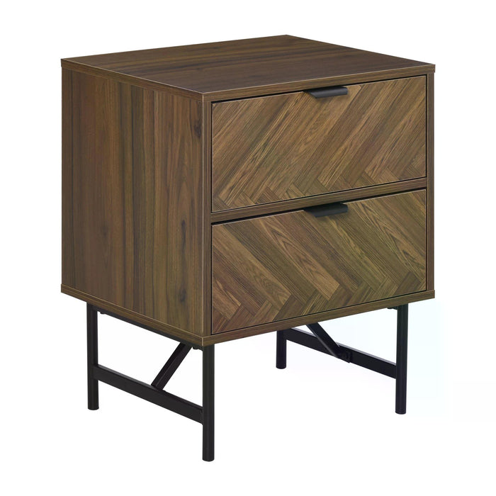 Walnut Brown Side Cabinet with Herringbone Pattern - 2-Drawer Home Organizer with Hidden Handles - Ideal for Bedroom and Living Room Storage Solutions