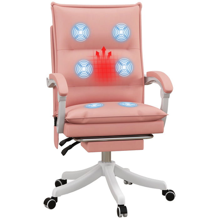 Ergonomic Heated Vibrating Massage Office Chair - Faux Leather Recliner with Footrest, Padded Armrests, Reclining Back, Double-Tier Cushioning - Comfort for Home Office Use in Stylish Pink