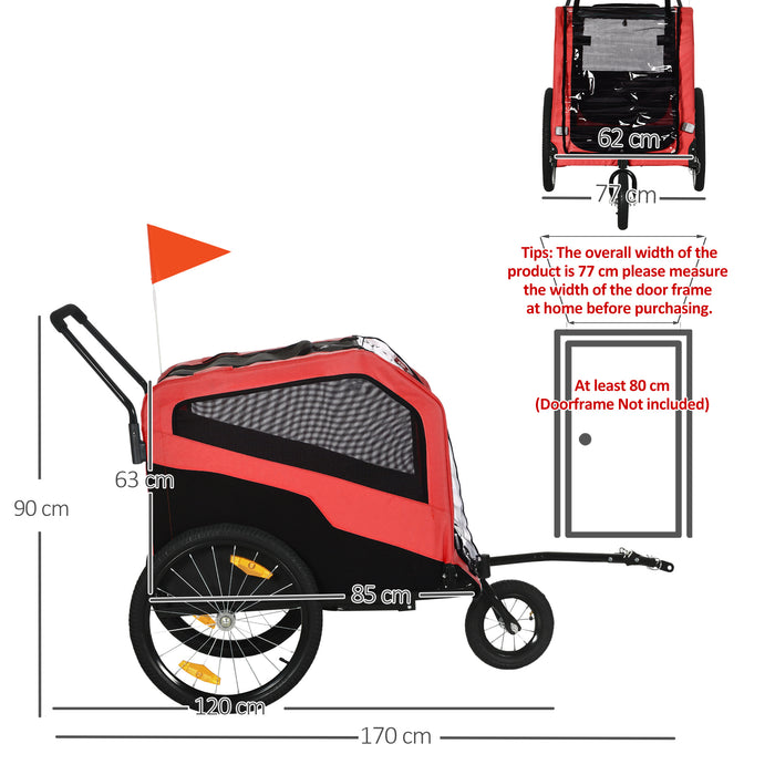 2 in 1 Dog Bike Trailer and Stroller - Large Capacity Pet Carriage with Quick-Release 20-inch Wheels and Hitch - Travel-Friendly Trolley for Pet Adventures, Red
