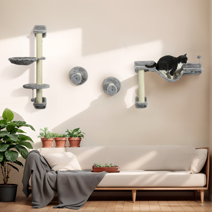Cat Haven - 4-Piece Wall-Mounted Lounging Set with Hammock, Perches, Ladder & Scratcher in Grey - Ideal for Playful and Restful Pets
