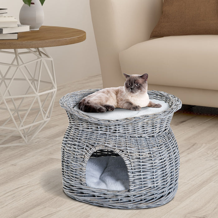 Elevated 2-Tier Wicker Cat House - Willow Basket Kitten Condo with Washable Cushions, Grey - Cozy Pet Retreat for Cats and Small Pets