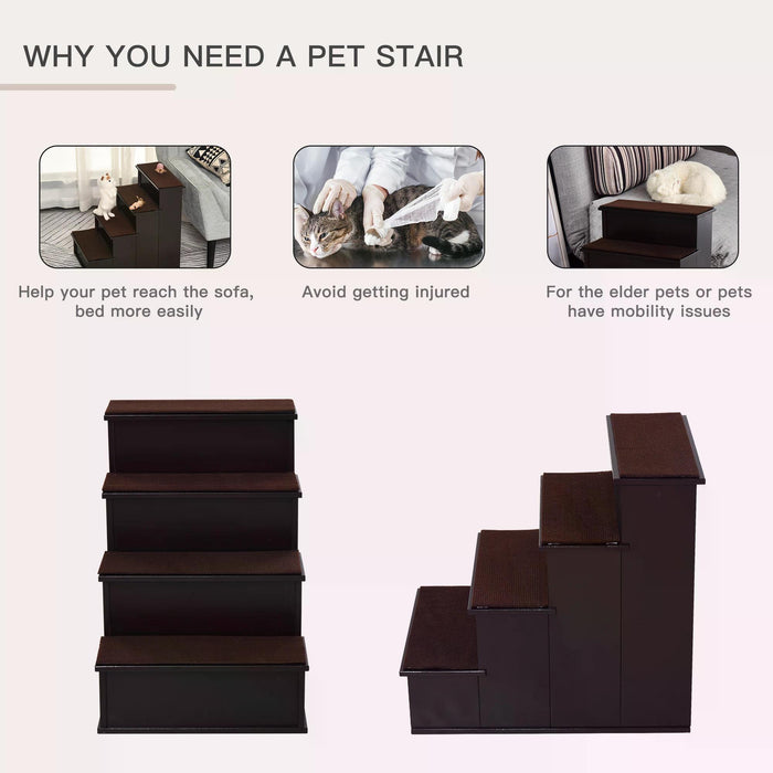 4 Step Pet Stairs in Dark Coffee - Cushioned Ramp Steps for Dogs and Cats with Non-Slip Carpet - Ideal for Bed or Couch Access for Smaller or Older Pets