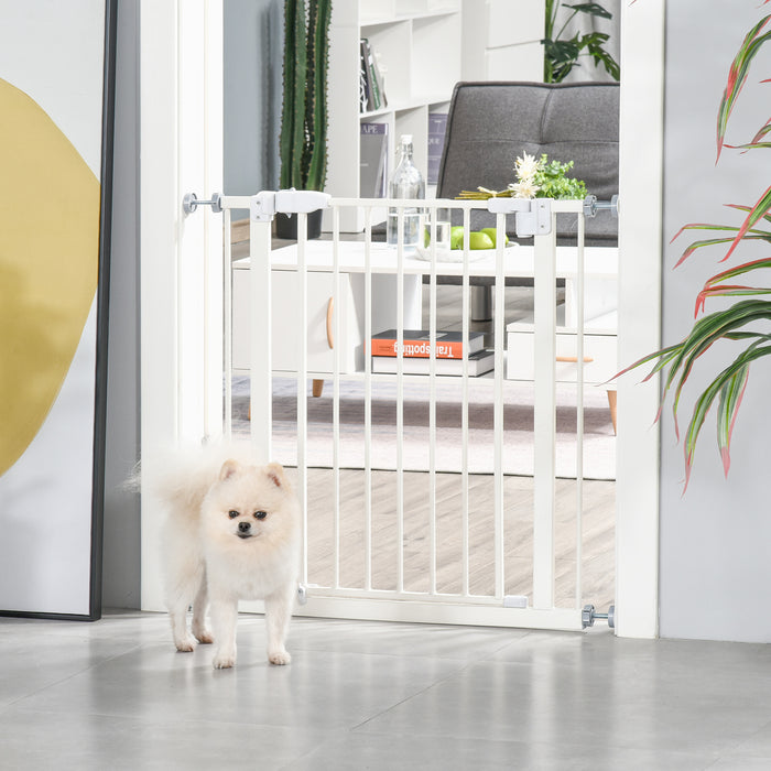 Expandable Pet Metal Safety Gate - Pressure Mounted Stair Barrier with Auto-Close Door and Double Locking System, 74-84 cm - Ideal for Dogs, Home & Child Safety, White