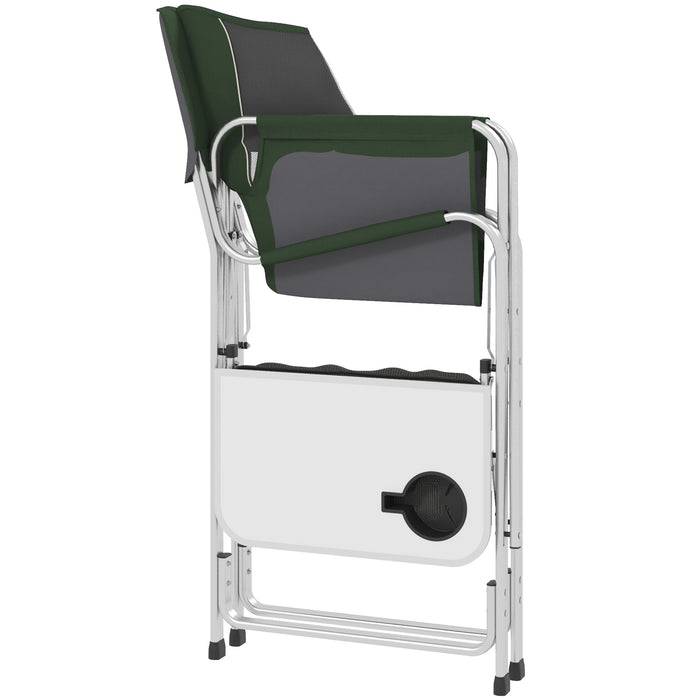 Aluminium Directors Chair with Features - Folding Camping Chair with Side Table, Cup Holder, Cooler Bag, Pocket - Portable Outdoor Seating Solution for Adults, Green