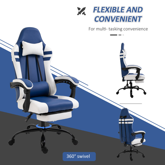 Ergonomic PU Leather Racing Chair - High-Back Gaming Chair with Headrest, Footrest & Adjustable Height - Comfortable Recliner for Gamers, Blue & White Design