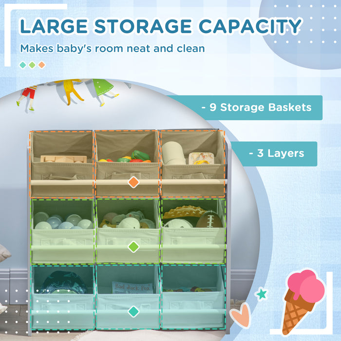 9-Bin Kids Storage Organizer - Removable Baskets and Bookshelf Combo for Nursery & Playroom - Space-Saving Toy Box and Shelving Unit in Grey