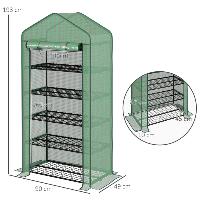 5-Tier Wide Mini Greenhouse with Sturdy PE Cover - Portable Indoor/Outdoor Gardening Shelter with Roll-up Zippered Door and Metal Wire Shelves - Ideal for Small Spaces and Plant Protection (193x90x49cm, Green)