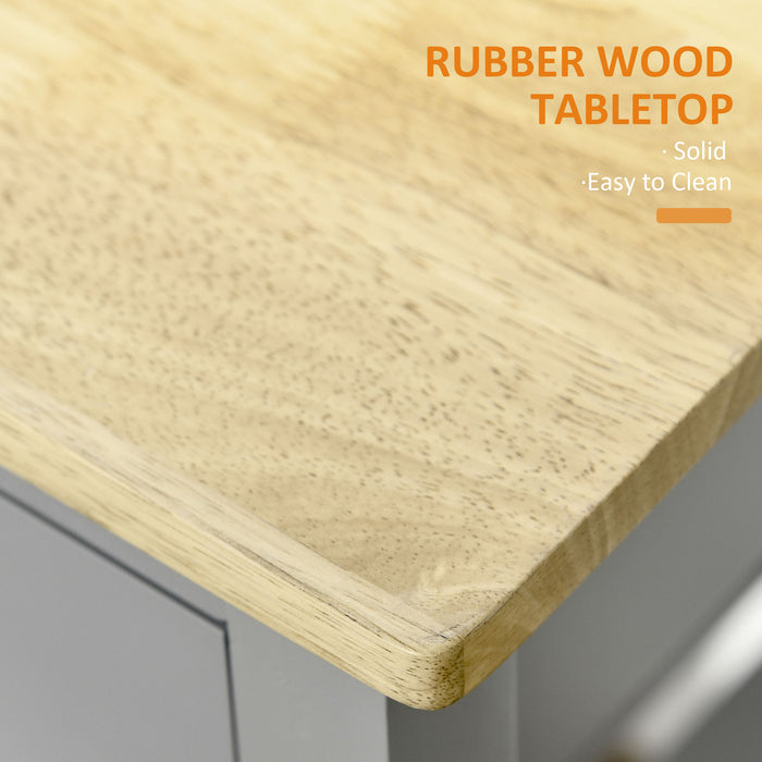 Rubberwood Top Kitchen Trolley - Rolling Utility Cart with Towel Rack, Storage Shelves & Drawer - Mobile Serving Solution for Dining Spaces in Grey