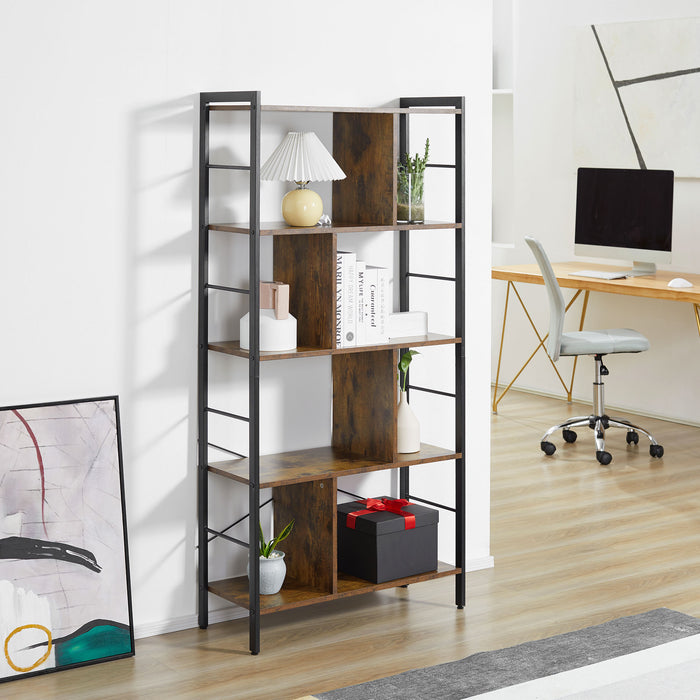 Industrial Storage Shelf - 5-Tier Metal Frame Bookcase & Display Rack in Rustic Brown - Ideal for Living Room, Study & Closet Organization