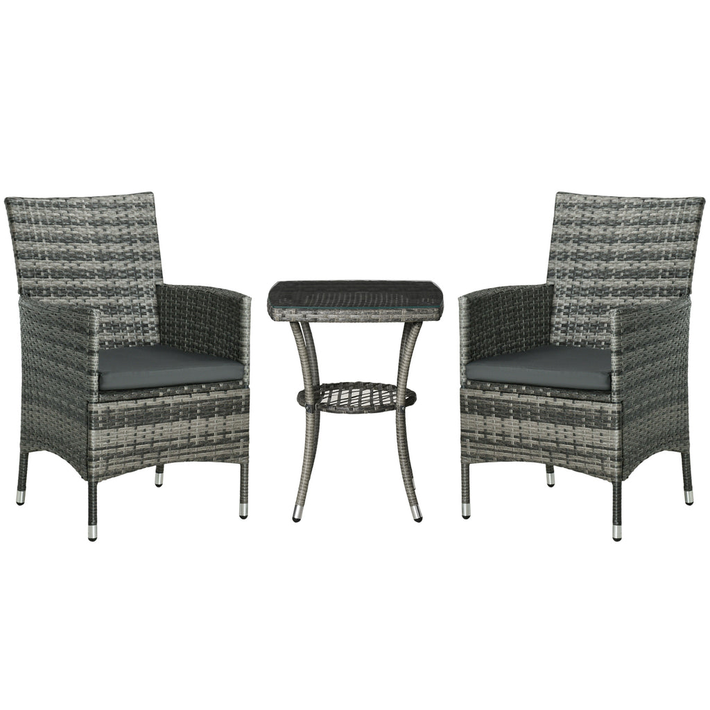 Rattan Garden Bistro 3-Piece Set - Patio Weave Companion Chairs with Cushions and Matching Table - Ideal for Conservatory and Outdoor Seating, Light Grey