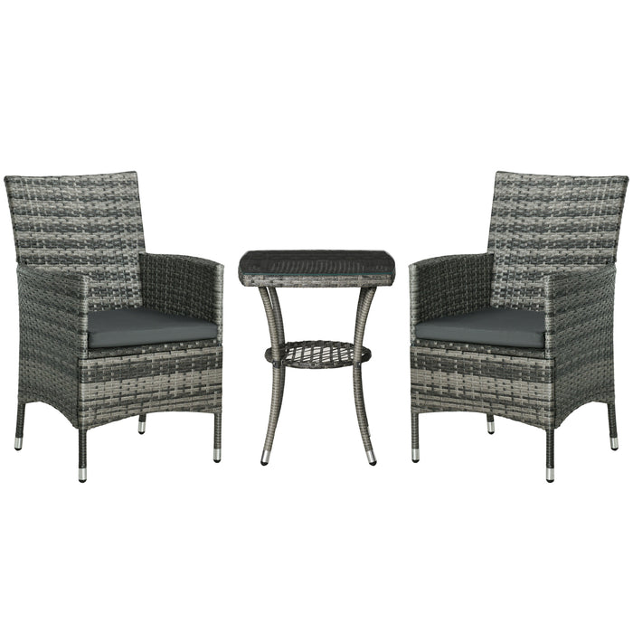 Rattan Garden Bistro 3-Piece Set - Patio Weave Companion Chairs with Cushions and Matching Table - Ideal for Conservatory and Outdoor Seating, Light Grey