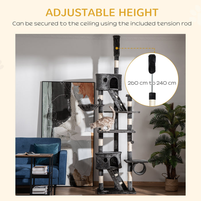 Floor-to-Ceiling Adjustable Cat Tower - 240-260cm Tall, Indoor Cat Climbing Furniture in Dark Grey - Space-Saving & Entertainment for Cats
