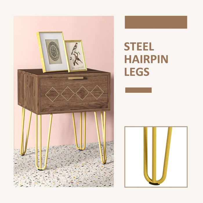 Wooden Nightstand with Storage Drawer - Modern Bedside Table & Sofa Side Table with Gold Tone Metal Legs - Ideal for Living Room and Bedroom Organization