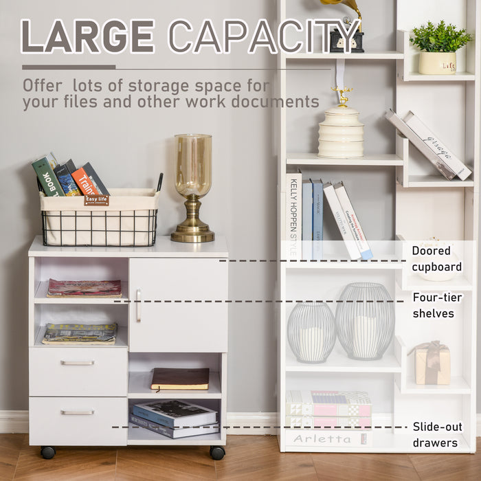Mobile Storage Cabinet Sideboard - Cupboard with 4 Shelves, Drawers, and Lockable Wheels - Space-Saving Organizer for Home or Office
