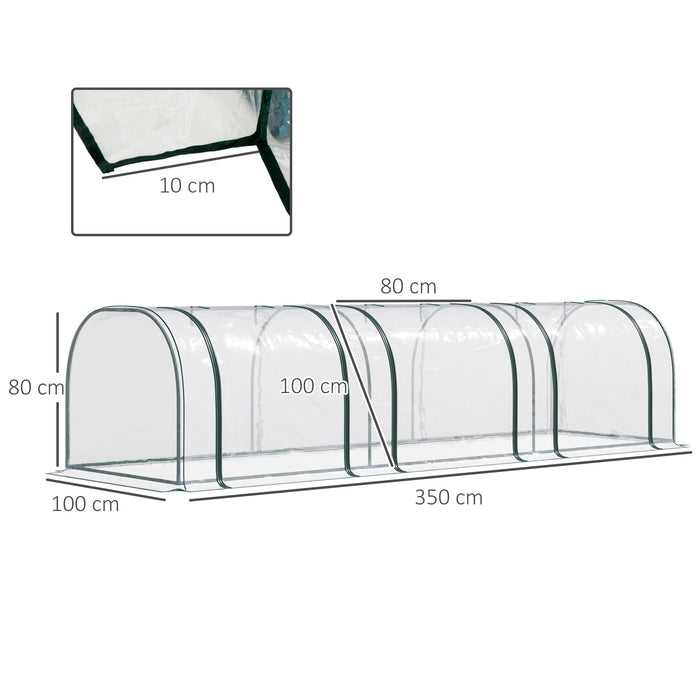 Steel Frame Portable Greenhouse - 350x100x80cm PVC Tunnel with Zipper Doors, Dark Green/Transparent - Ideal for Protecting Plants & Extending Growing Seasons