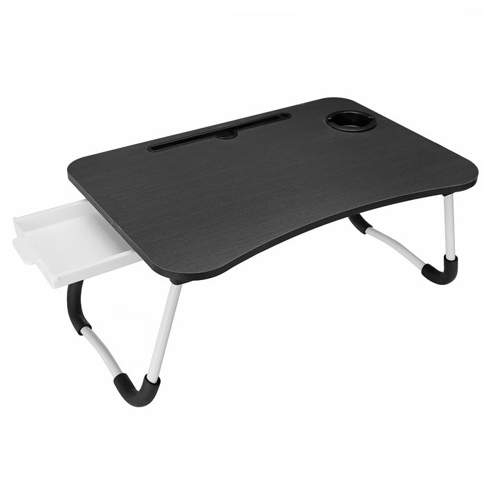 Folding Wooden Bed Desk - Multifunctional MacBook Table with Pen Cup Slot and Storage Drawer - Ideal for Lazy Leisurely Desk Usage