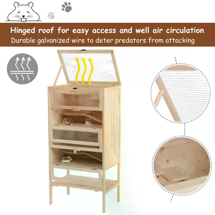 Wooden Hamster Cage for Small Pets - 4-Tier Design with Bottom Storage Shelf, Easy-to-Clean - Ideal for Mice and Rodent Comfort and Play