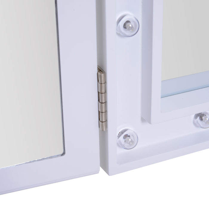 Freestanding Trifold Mirror with LED Lights - Lighted Tabletop Vanity, Large Cosmetic Mirror for Makeup - Foldable Design for Bedroom Use, Battery-Powered, White