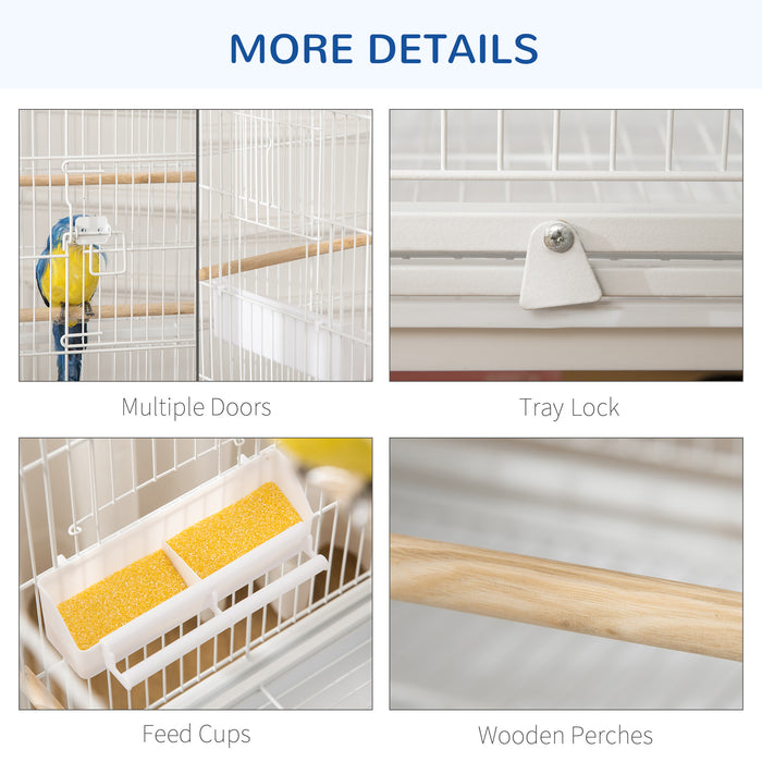 Large Aviary Bird Cage with Rolling Stand - Ideal Habitat for Finches, Canaries, Budgies - Includes Slide-Out Cleaning Tray, Storage Shelf, Wooden Perches & Food Containers