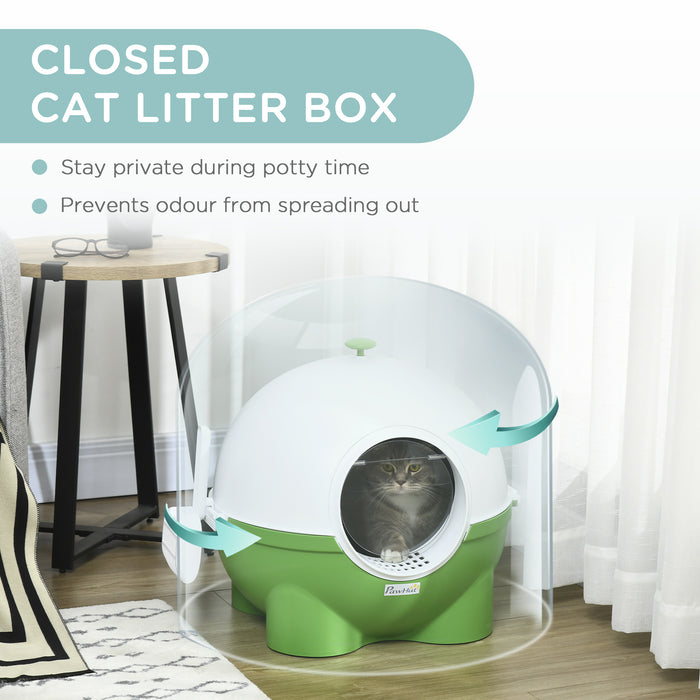 Extra-Large Hooded Cat Litter Tray with Scoop - Easy Carry Top Handle, Front Entry, 53x51x48 cm - Ideal for Large Cats and Multi-Cat Households, Green