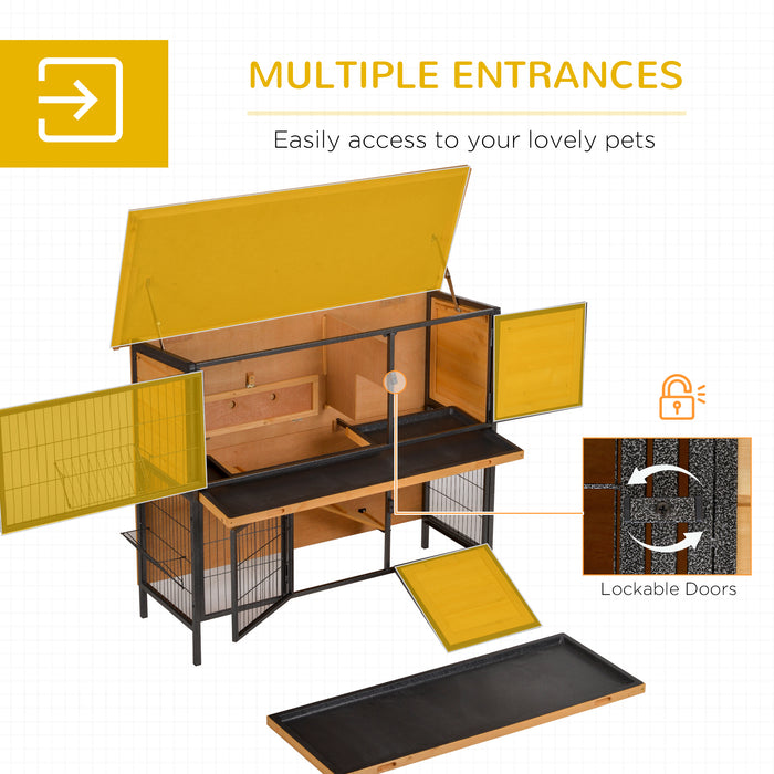 Wooden Rabbit Hutch with Metal Frame - 2-Floor Bunny Cage, Slide-Out Tray, Feeding Trough, Ramp, Lockable Door, Openable Roof - Ideal for Small Pet Housing and Care