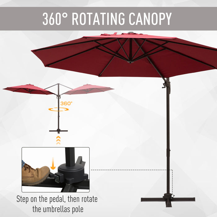 3M Cantilever Umbrella with Aluminium Frame - Wine Red 360° Rotating Hanging Parasol with Cross Base - Ideal for Outdoor Shade and Sun Protection