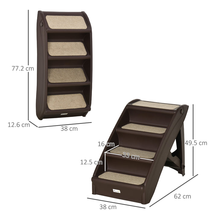 Foldable 4-Step Pet Stairs with Non-slip Mats - Easy Climbing Access for Cats and Small Dogs - Portable and Durable in Dark Brown