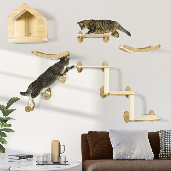Deluxe 8-Piece Cat Wall Shelves - Wall-Mounted Playground with Condo, Perches, Scratching Posts & Steps - Space-Saving Cat Tree for Indoor Cats, Beige Design