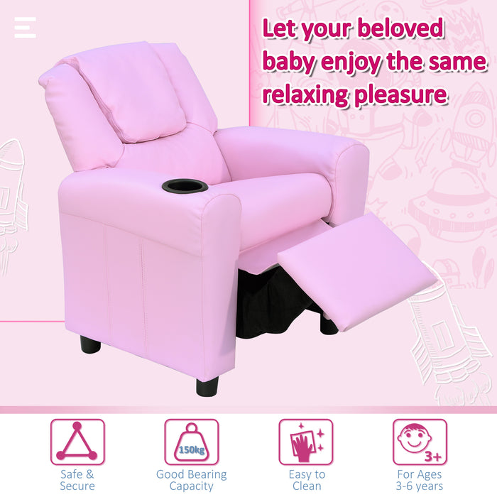 Kids' Cozy Reclining Chair with Refreshment Cupholder - Comfy Pink Armchair for Children - Perfect for Reading & Relaxation Spaces