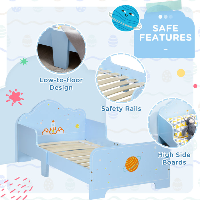 Rocket & Plant-Themed Toddler Bed - Sturdy Kids Bedroom Furniture with Safety Rails and Slatted Base - Perfect for Transitioning from a Crib to a Big-Kid Bed