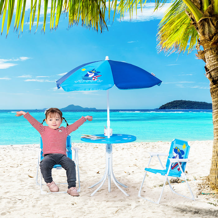 Kids' Picnic & Table Chair Set with Shark Theme - Outdoor Folding Garden Furniture with Removable Adjustable Sun Umbrella - Ideal for Children Ages 3-6, Blue