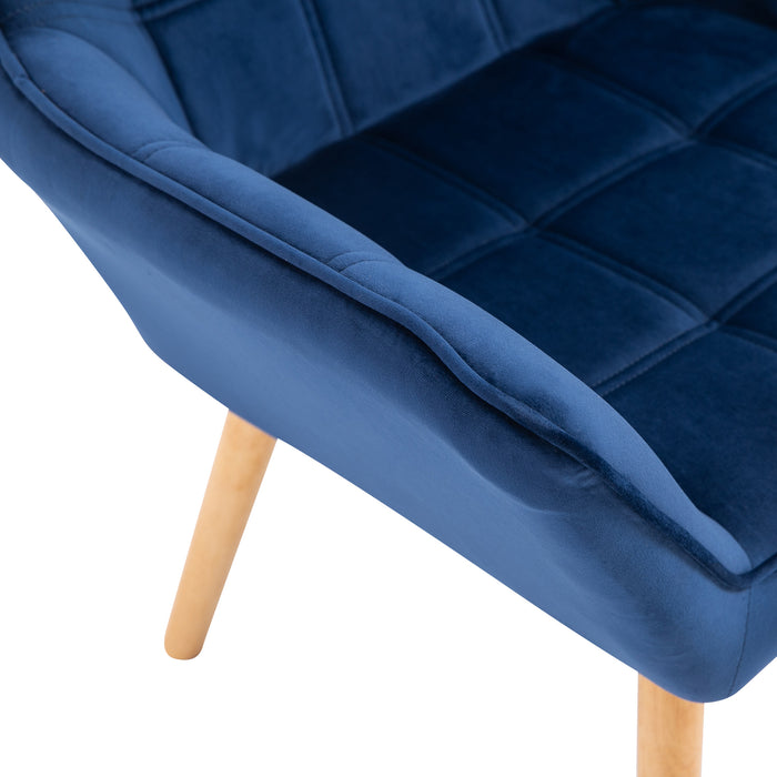 Wide-Armed Accent Armchair with Slanted Back - Padded Lounge Seat on Iron Frame with Wooden Legs - Comfy Bedroom or Living Room Seating in Blue