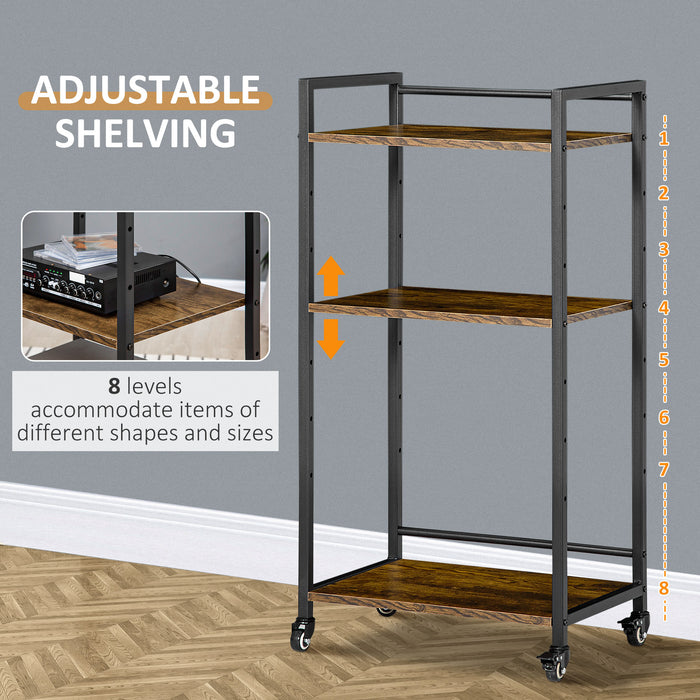 3-Tier Printer Stand with Adjustable Shelving - Rolling Utility Cart Trolley, Lockable Wheels, Rustic Brown Finish - Home Office Organization and Mobility Solution