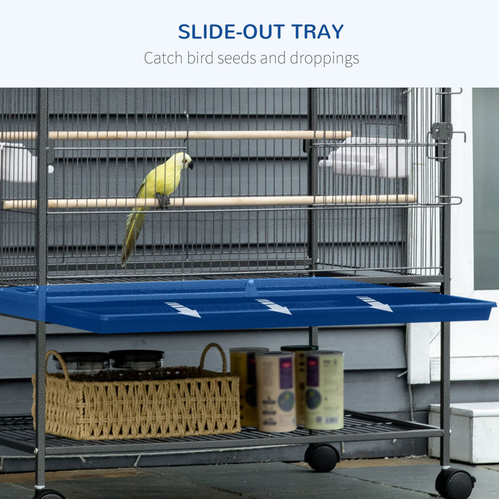 Large Rolling Aviary - Finch, Canaries, Parakeet Home with Slide-Out Tray and Food Containers - Optimal Habitat for Pet Birds with Storage Shelf